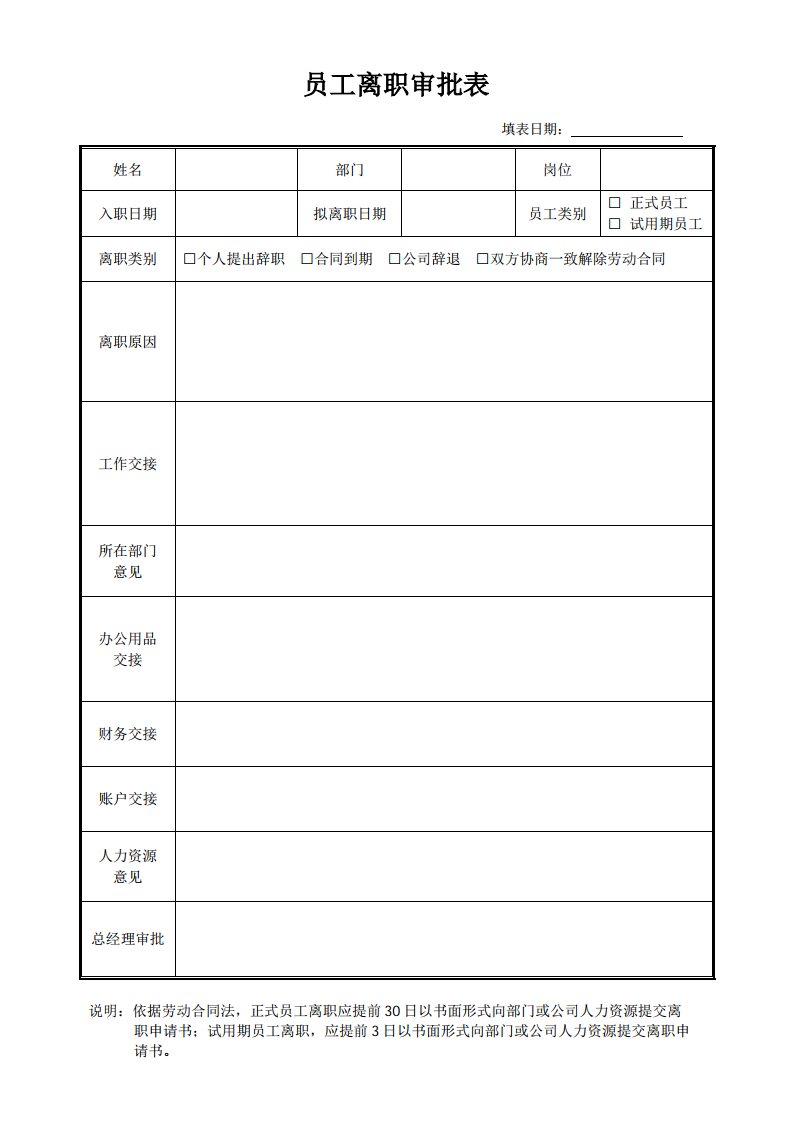 员工离职审批表