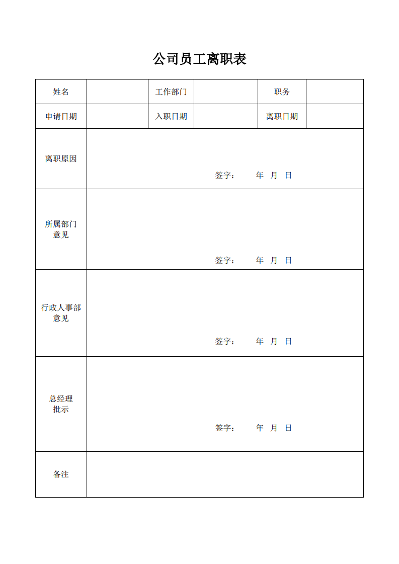 公司员工离职表