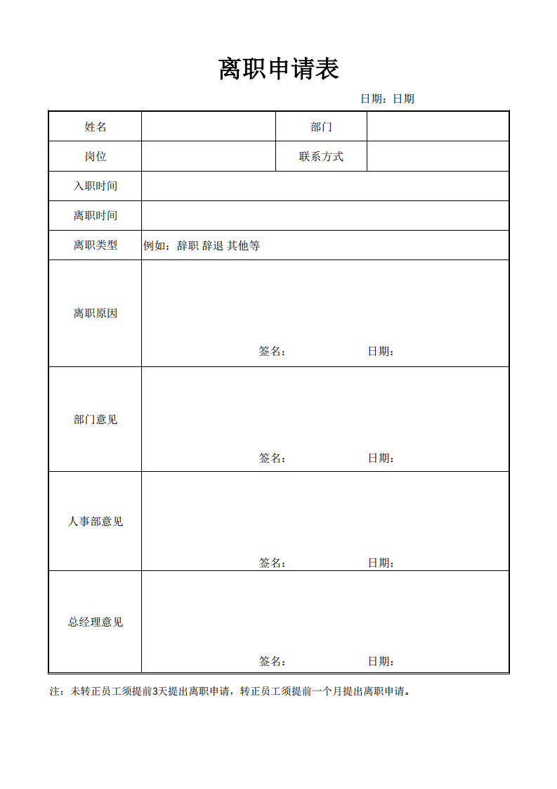 日常离职申请表